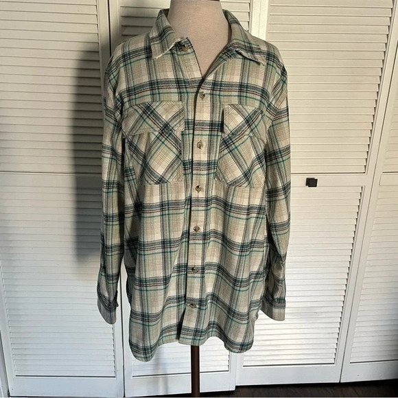TNA Plaid Oversized Shirt button front flannel Fiona cream brown blue medium - Picture 2 of 13